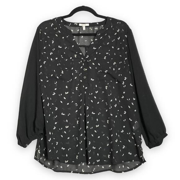Maurices Womens Size XL Sheer Overlay Long Sleeve Top Black White Leaf Pattern - Picture 1 of 6